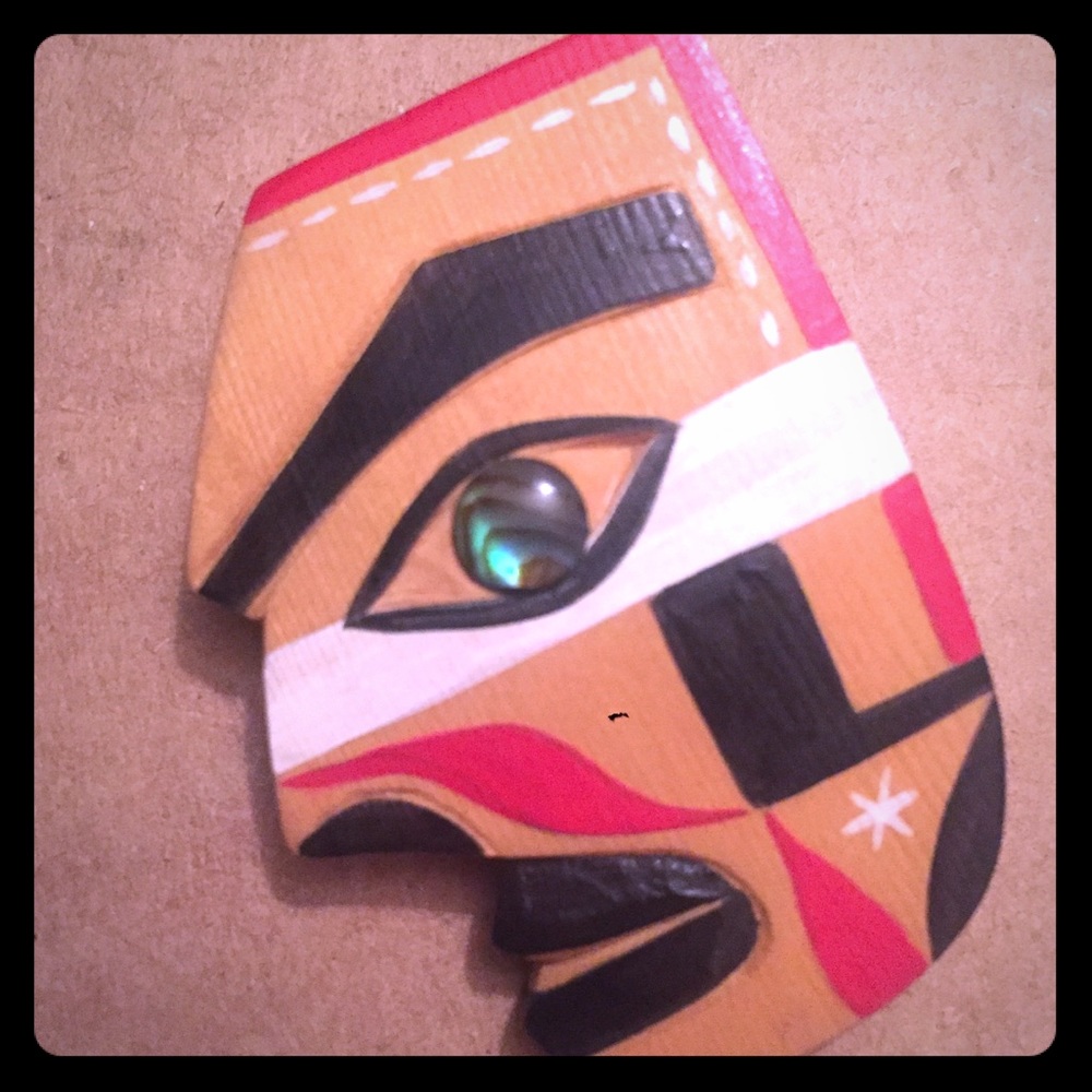 PacNW Native American wood man pin brooch abalone